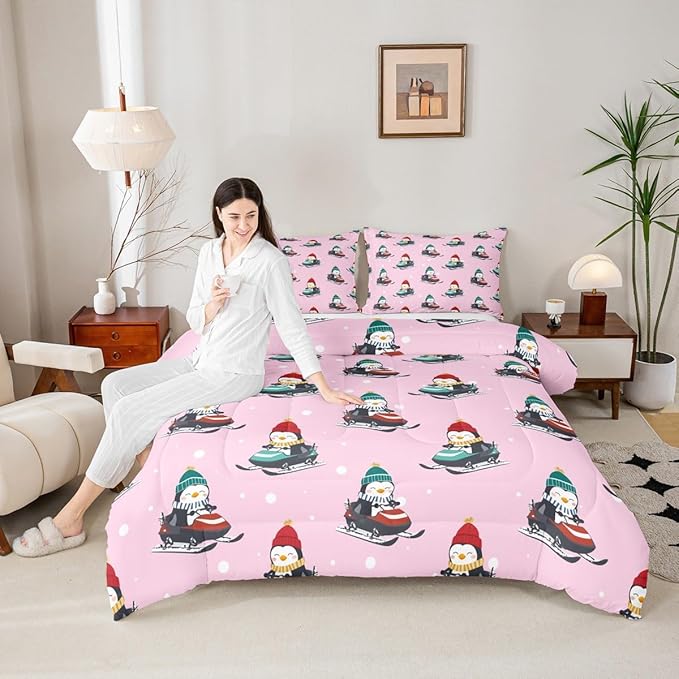 Feelyou Christmas Kids Comforter Set Queen Size Pink Penguin Bedding Set Cartoon Penguin Skiing Duvet Quilt for Kids Boys Girls Bedroom Snowflake Decor Microfiber Ultra Soft Breathable