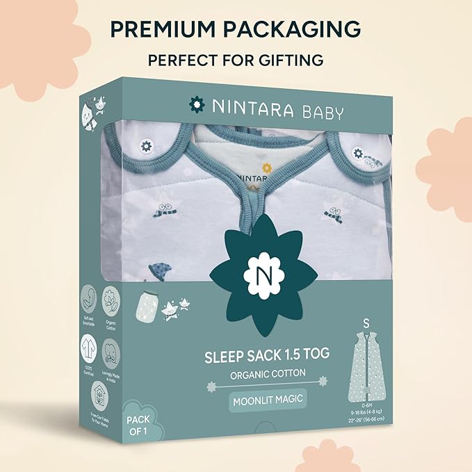 1.5 TOG Sleep Sack - Premium Organic Cotton, Soft, Breathable, Wearable Blanket for Newborns, Infants & Toddlers (0-6 Months), Unisex Baby Sleeping Bag, Gifts for Babies