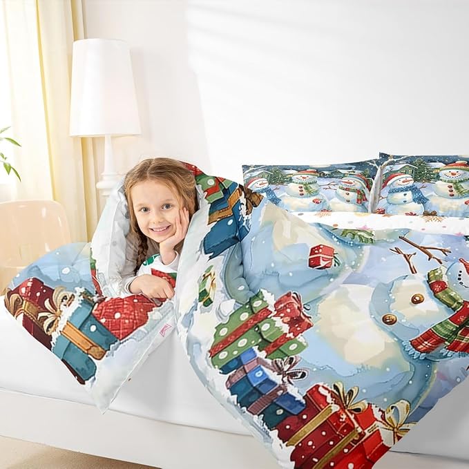 jejeloiu Kids Snowman Comforter Set Queen Size Countryside Christmas Theme Bedding Set for Boys Girls Teens Xmas Tree Snowflake Winter Happy New Year Duvet Quilt Room Decor