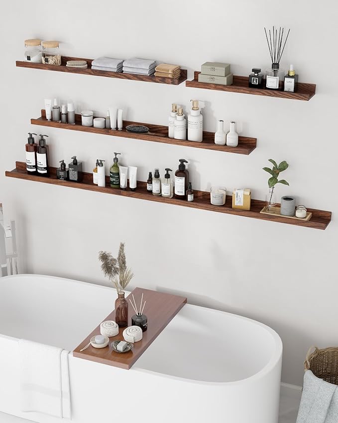 Axeman Oak Picture Ledge Shelf, 72 Inch Floating Shelves Set of 2, Solid Oak Wood Wall Shelves with Lip, Wall Decor Storage for Bedroom Living Room Bathroom Kitchen Nursery Photo Picture, Walnut