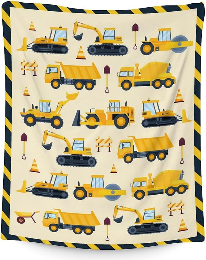 Construction Blanket for Kids - 30" x 40" Inches Cute Throw Blanket for Boys - Yellow Lightweight Furry Throw for Lap, Couch, Office