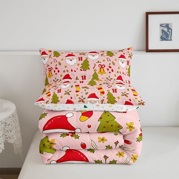 Feelyou Christmas Bedding Set for Kids Boys Girls Twin Size Cute Santa Claus Comforter Set Ultra Soft Comforter Xmas Tree Duvet Quilt Bedroom Decor Berries Pattern Printed Quilt
