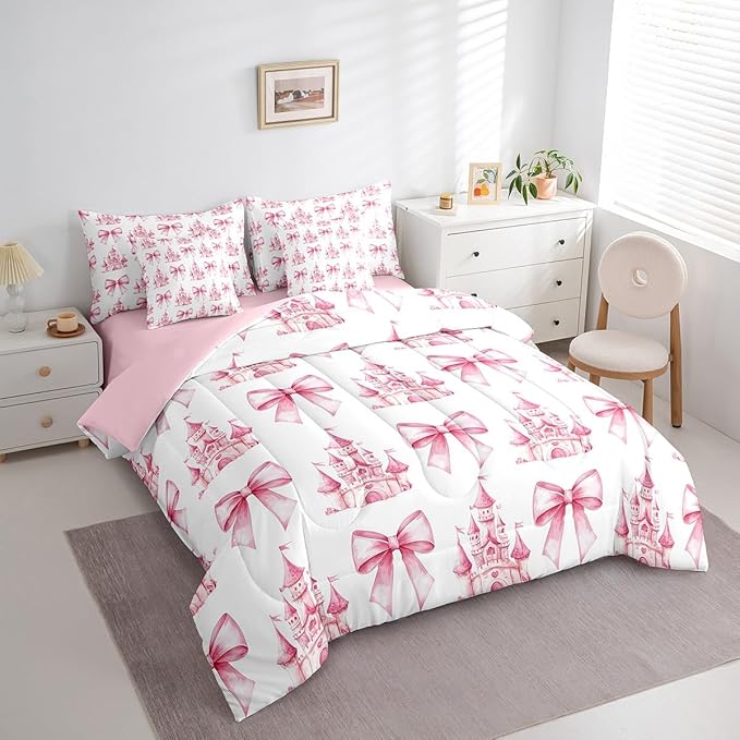 7 Pieces Pink Bowknot Kids Comforter Twin,Castle Tale Princess Toddler Bedding Set,Bow Tie Butterfly Knot Girlish Romantic Fashion（Comforter+Fitted+Flat Sheet+2 Pillowcases+2 Throw Pillow Covers）