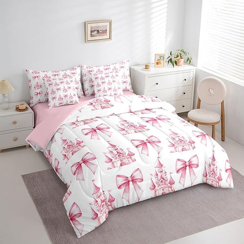 7 Pieces Pink Bowknot Kids Comforter Twin,Castle Tale Princess Toddler Bedding Set,Bow Tie Butterfly Knot Girlish Romantic Fashion（Comforter+Fitted+Flat Sheet+2 Pillowcases+2 Throw Pillow Covers）