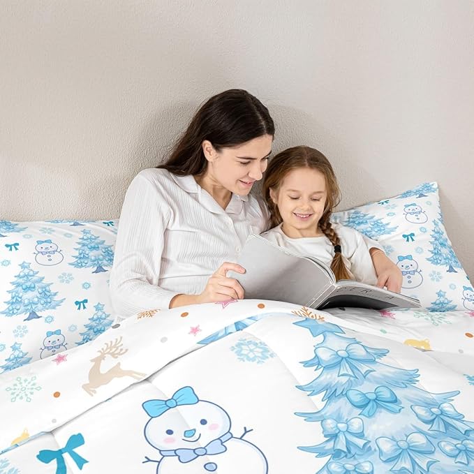 Feelyou Merry Christmas Bedding Set Soft for Boys Girls, Cute Snowman Comforter Set Full Size Cartoon Bowknot Duvet Quilt Microfiber Christmas Tree 3 Pcs with 2 Pillow Cases