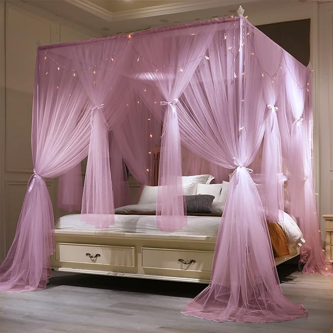 VETHIN 4 Corners Post Princess Bed Canopy Curtain Double Layer Cozy Drape Netting 4 Opening Mosquito Net for Girls & Adults Bedroom Decoration Accessories (Double Pink, 53" W*78" L*82"*H/(Full))
