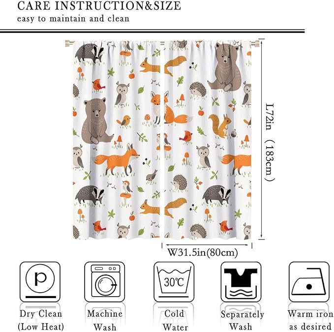 Forest Animal Curtains for Kids, Cartoon Safari Woodland Animals Window Treatments Cute Wild Jungle Bear Fox Deer Bear Window Drapes for Girls Boys Nursery Toddler Bedroom 63x72in
