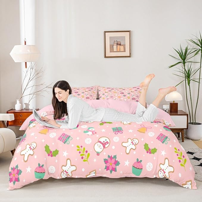 Christmas Kids Bedding Set Cartoon Christmas Tree Snowman Duvet Cover for Boys Children Teens Bedroom Decor Flower Birds Comforter Cover Set Pink New Year Bedspread Cover Full Size with 2 Pillow Case
