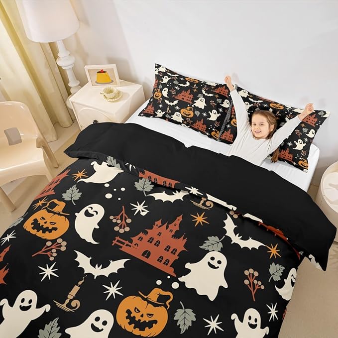 Halloween Bedding Duvet Cover Set Kids Cartoon Jack O Lantern Bedding Set Kids Ghost Pumpkin Lantern Decor Comforter Cover Set Microfiber Bats Castle Bedspread Cover Bedroom Bedclothes Queen Size