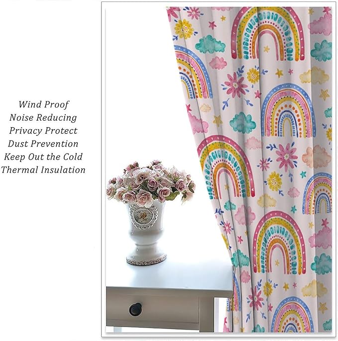 Kids Rainbow Curtains Boho Cartoon Colorful Stars Pink Lovely Rainbow Abstract Art Pattern Print Window Drapes for Bedroom Living Room Kitchen Decor,2 Panel Set,84x84 Inch Blackout