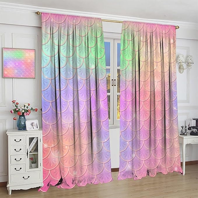 Mermaid Curtains, Kids Cartoon Watercolor Sea Animals Mermaid Princess Scales Pattern Print Living Room Decoration for Kids Girls Bedroom Nursery 63x72 Inch