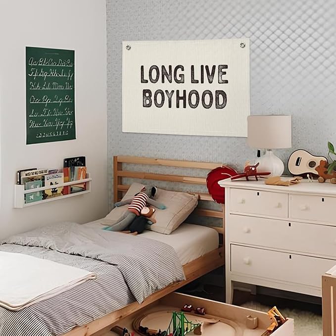 Long Live Boyhood Banner, Boys Room Decor, Vintage Linen Banner Wall Hanging Flag Decor for Toddler Boy Room Nursery Playroom