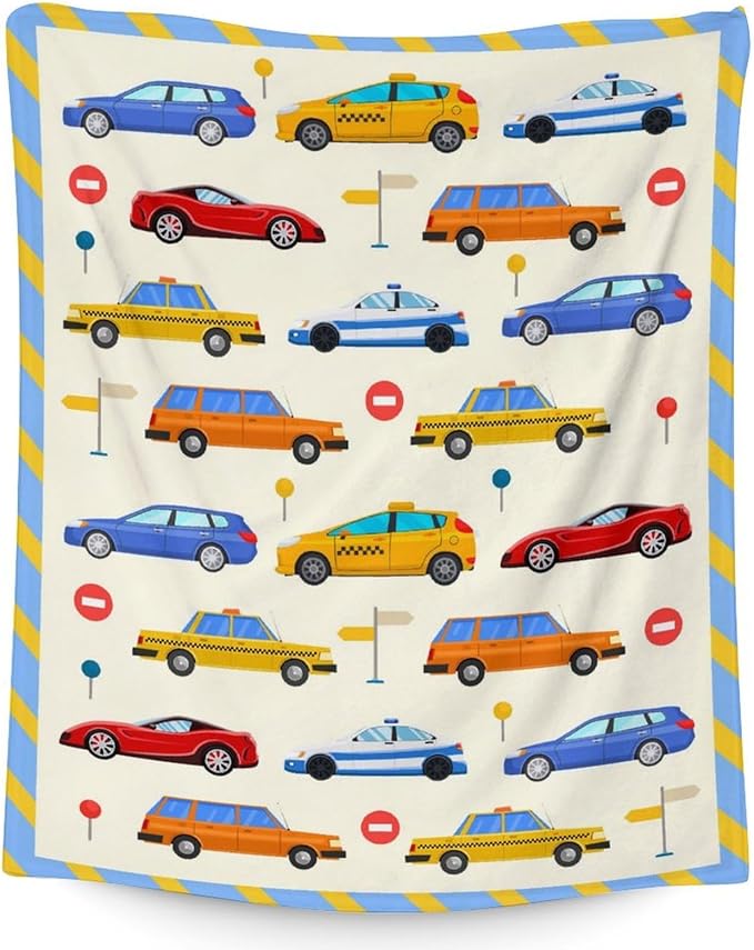 Car Blanket for Car Lovers - 50" x 60" Inches Blue Warm Furry Throw Blanket Gift - Cartoon Throw for Sofa, Work, Living Room