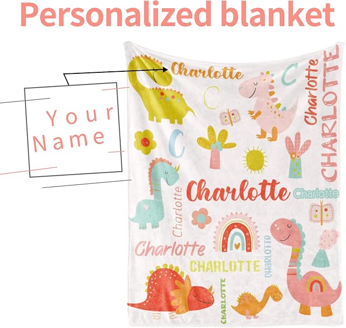 Personalized Dinosaur Blanket with Name for Girl, Custom Name Blanket for Teen, Soft Flannel Pink Dinosaur Toddler Blanket Customized Gift for Birthday 50"x60"