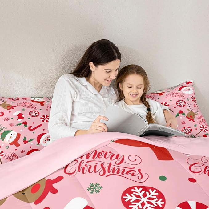 Feelyou Merry Christmas Kids Comforter Set Full Size Santa Claus Snowman Bedding Set Deer Berries Duvet Quilt for Kids Boys Girls Bedroom Snowflake Decor Microfiber Ultra Soft Breathable