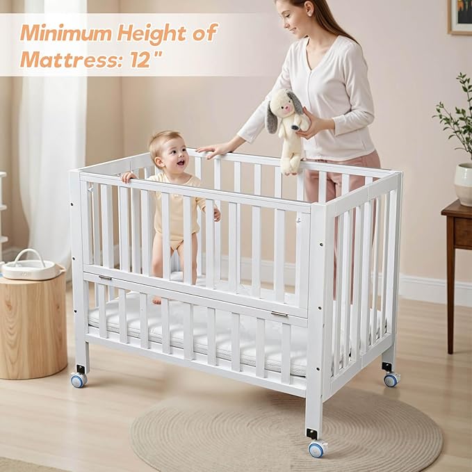 Folding Wood Bedside Bassinet - Portable 4-in-1 Baby Bassinet with Breathable Mattress,3 Heights Baby Crib with Wheels,Mini Crib for Infant Newborn and Small Space,White