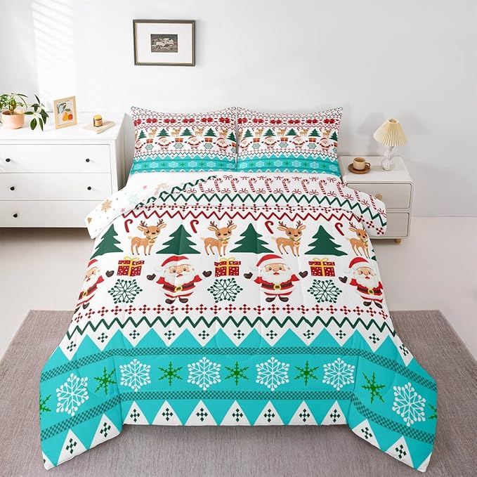 Feelyou Merry Christmas Bedding Set Soft for Boys Girls, Santa Claus Comforter Set Toddler Size Cute Deer Duvet Quilt Microfiber Snowflake Bedroom Decor 2 Pcs with 1 Pillow Cases