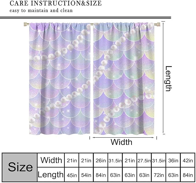 Mermaid Curtains, Gradient Color Pink Purple Pearl Ocean Theme Mermaid Fish Scale Print Decoration Suitable for Children Girls Bedroom Nursery Curtains 42x45 Inch