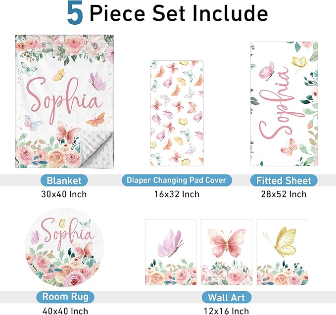 Personalized Baby Bedding Set: 5 Piece Custom Gift Butterfly Design Crib Bed Set with Name, Nursery Bedding Set for Baby Girls and Boys, Floral Crib Bedding Gifts