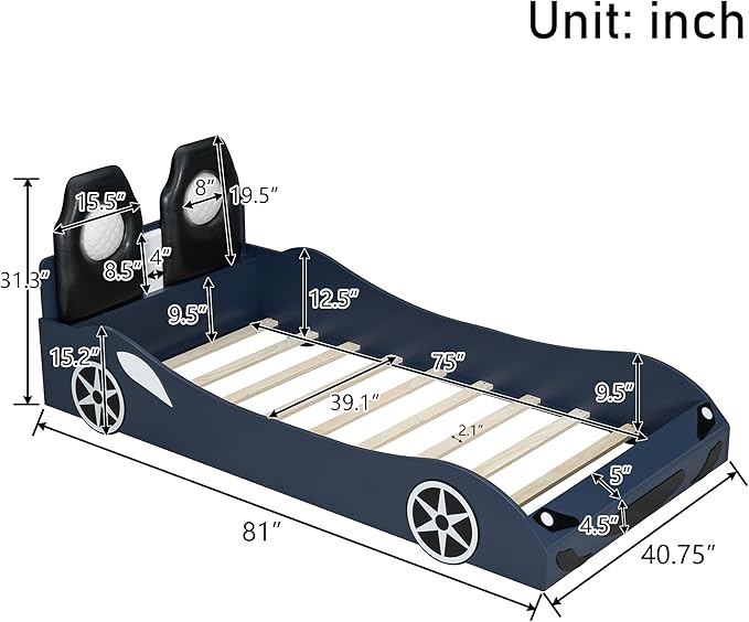 Kids Car Bed Frame Twin Size Car-Shaped Platform Bed with LED Lights and Upholstered Backrest, Solid Wood Car Bed Frame with Wheels and Guardrails for Boys Girls, Blue