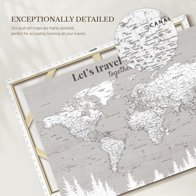 ElephantStock - Let's Travel II Push Pin World Map Wall Art - Horizontal Canvas Wall Art - Living Room Wall Decor - Digital Art Map Canvas Art - Gray And White Decor - 45" x 30"