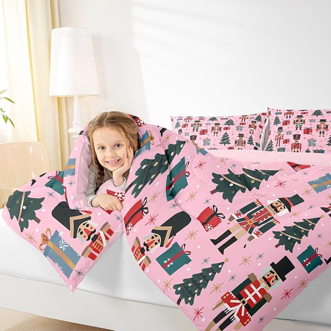 Feelyou Nutcracker Comforter Set All Season Merry Christmas Tree Bedding Set with 2 Pillow Cases Snowflake Kids Queen Bedclothes Soldier Print Decor Duvet Quilt Soft Lightweight