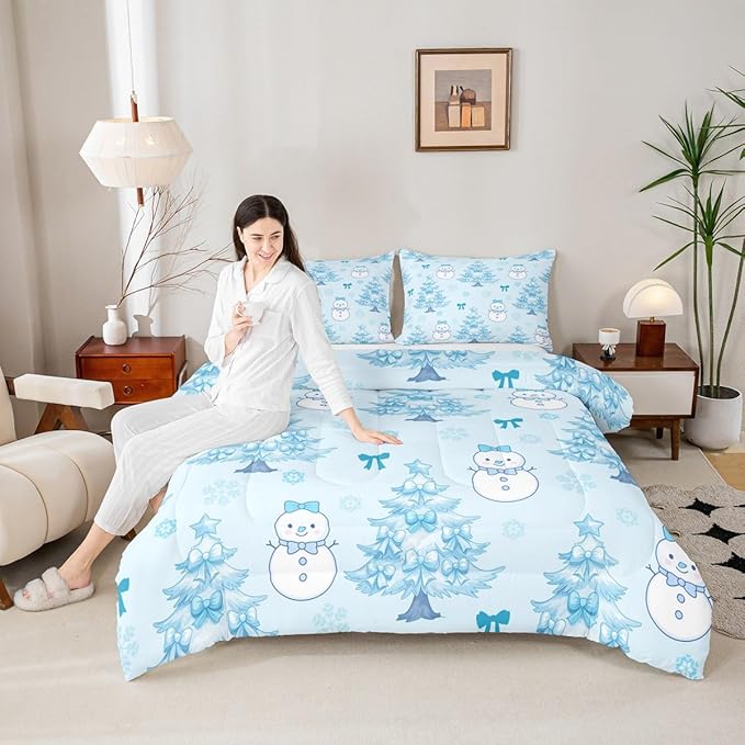 Feelyou Merry Christmas Comforter Set Queen Size Cute Snowman Bedding Set for Kids Boys Girls Cartoon Bowknot Duvet Quilt Christmas Tree Microfiber 3 Pcs with 2 Pillow Cases