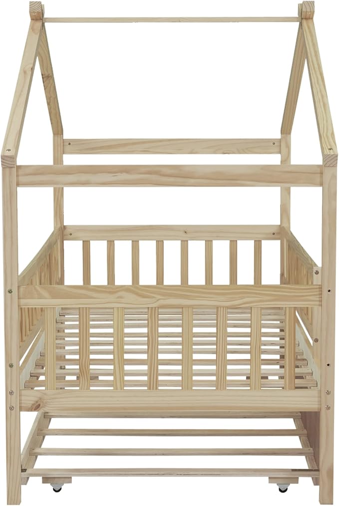 Merax Twin Size Wooden House Bed with Twin Size Trundle, Wood Bed Frame with Roof and Safety Guardrail for Kids, Teens, Boys or Girls, Natural