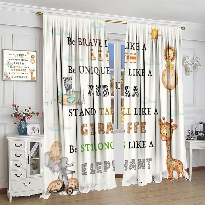 Cartoon Animals Curtains, Cute Jungle Animal Zebra Elephant Lion Giraffe Blackout Window Treatments, Rod Pocket Thermal Insulated Drapes 2 Panel Sets for Kids Bedroom Nursery Classroom, 63"W X 63"L