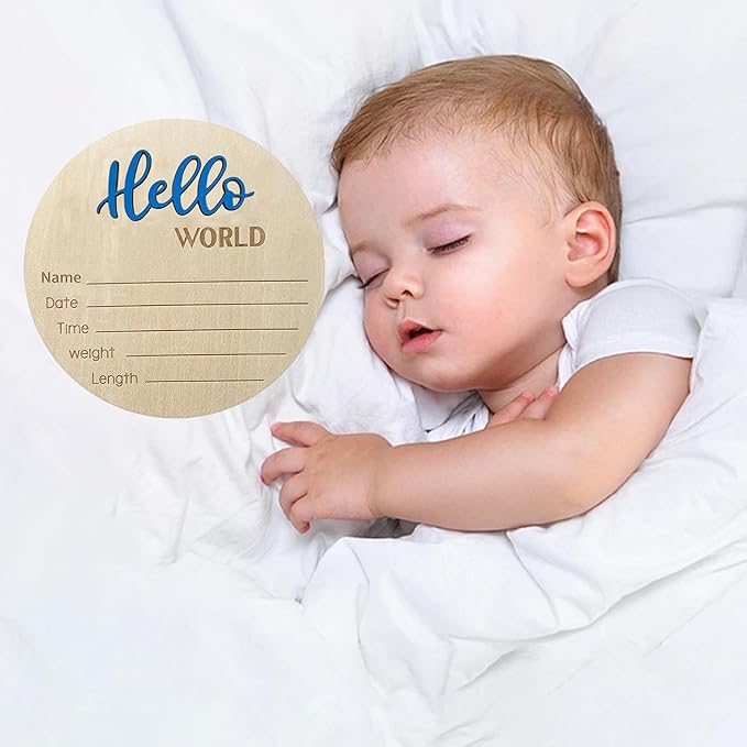 Baby Announcement Sign, 5.9 Inch Wooden Hello World Newborn Signs, Birth Announcement Sign, Baby Shower Hospital Nursery for Newborn Boys and Girls… (Blue)