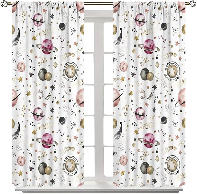 Kids Outer Space Curtains, Cartoon Galaxy Planet Universe Starry Starts Printed Window Drapes for Boys Girls Teens Bedroom Nursery Decor 42" W X 45" L