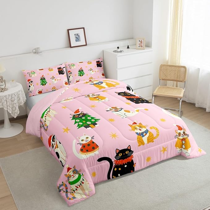 Erosebridal Christmas Decor Quilts Cute Cats Comforter Set Twin Size for Kids Boys Girls Bedroom Xmas Tree Bedding Set Cartoon Animal Down Comforter with 1 Pillow Case