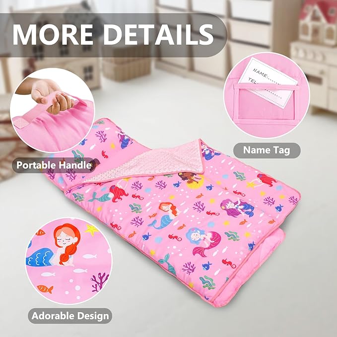 Primlect Toddler Nap Mat with Removable Pillow and Fleece Blanket, Extra Large 55''x35'' Sleeping Bag, Washable, Light, Easy to Roll up, Perfect for Daycare, Preschool, Kindergarten, Travel