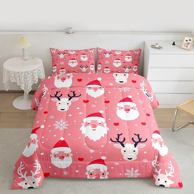 Feelyou Christmas Comforter Set All Season Santa Deer Bedding Set with 2 Pillow Cases Snowflake Microfiber Kids King Bedclothes Bedroom Decor Duvet Quilt Breathable Soft Lightweight