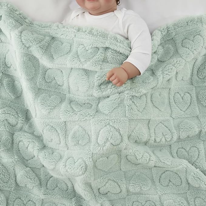 CREVENT 30"X40" Cozy Soft Warm Sherpa Baby Blanket for Girls Boys, Newborn Essentials for Infant, Baby Shower Receiving Gift - Green Heart 75X100cm + Gift Bag with Ribbon