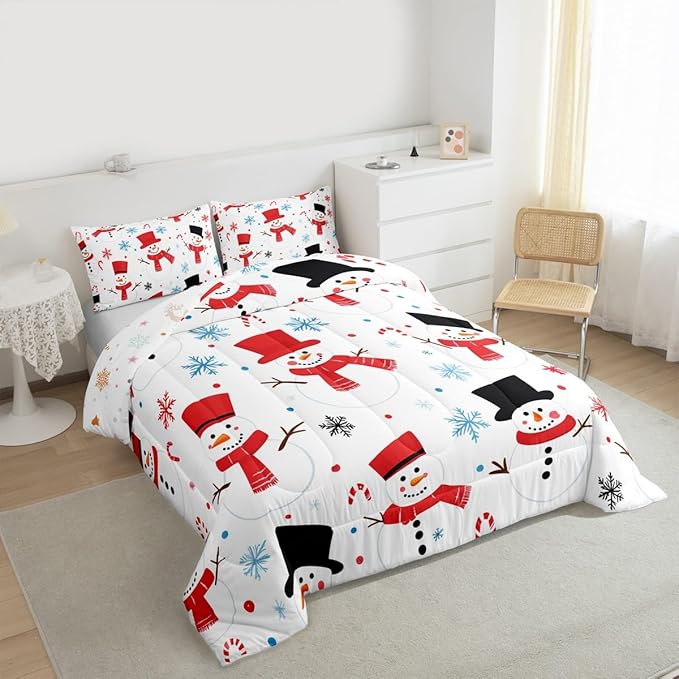Feelyou Merry Christmas Comforter Set All Season Snowman Bedding Set with 1 Pillow Cases Winter Holiday Microfiber Kids Toddler Bedclothes New Year Gift Bedroom Decor Duvet Quilt Soft Lightweight