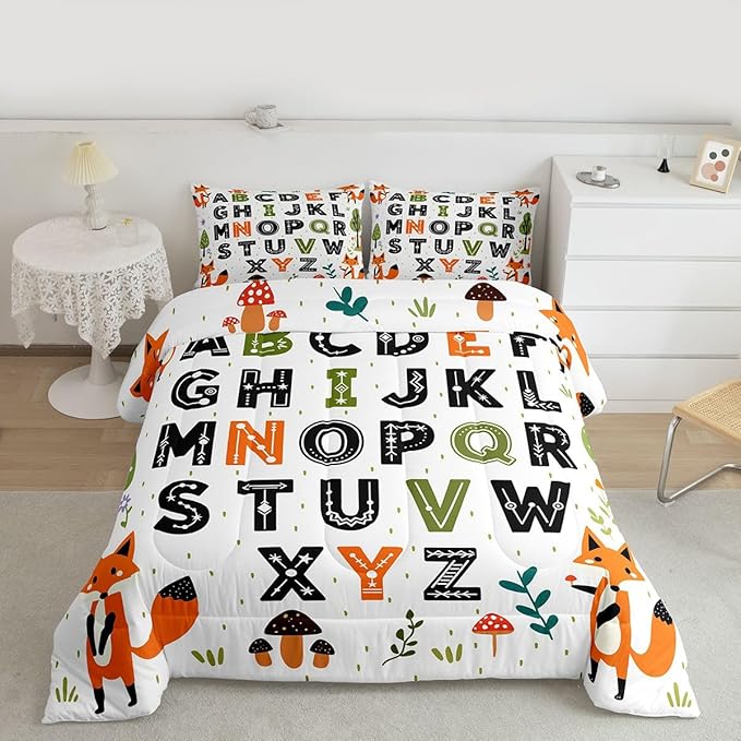 Feelyou Educational Nursery Art Comforter Set Toddler Size Alphabet Kids ABC Learning Bedding Set for Kids Boys Girls Cute Fox Duvet Quilt Woodland Animals Bedroom Decor 2 Pcs with 1 Pillow Cases