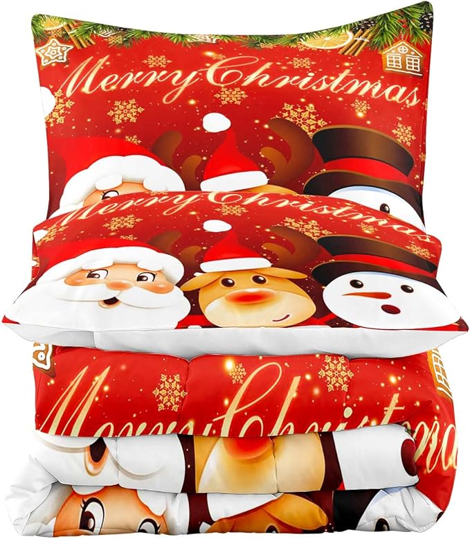 LUVIVIHOME 3PCS Merry Christmas Comforter Set King Size, Reindeer Snowman Santa Claus Bedding, Holiday New Year Cute Christmas Bedroom Decor for Kids Boys Girls Teens, Xmas Gifts, 2 Pillow Cases