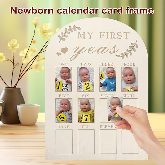Toyvian Newborn First Year Picture Frame Wood Milestone Board Photo Display Keepsake for Nursery Desk Decoration Months Milestone Photo Frame for Parents