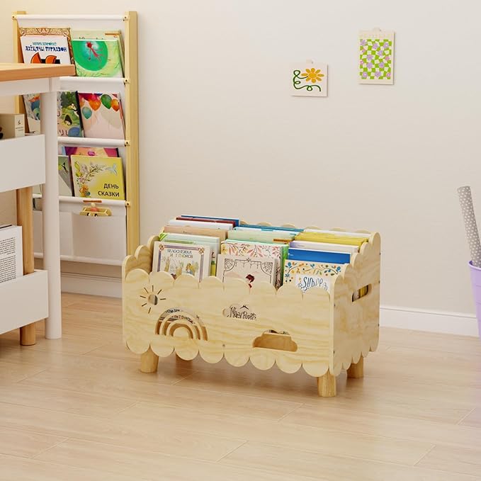 Wood Kids Bookshelf, Montessori Bookshelf, With 2 Adjustable Dividers, Suitable Kids Rooms, Nursery & Classroom, Kids Bookshelf And Toy Storage, Toddler Book Rack, Nursery Book Shelves, Wood color big