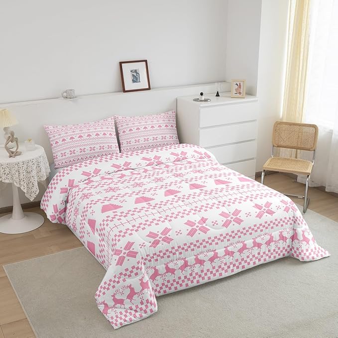 Feelyou Christmas Bedding Set for Kids Boys Girls Queen Size Xmas Deer Elk Decor Comforter Set Ultra Soft Winter Comforter Xmas Snowflake Duvet Quilt Bedroom Decor Christmas Decor Quilt