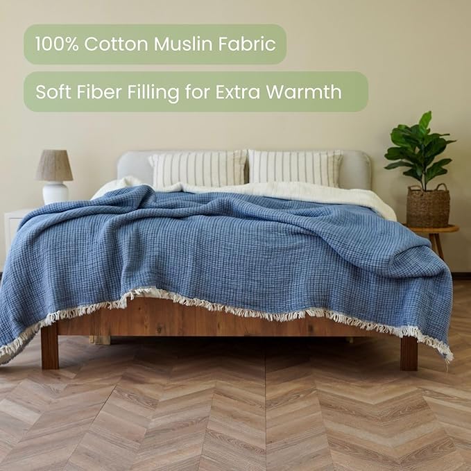 Christmas Muslin Comforter – Cotton Muslin Blanket with Soft Fiber Filling, Breathable & Cozy Muslin Throw Blanket, Reversible Holiday Quilt (Dusty Blue, King (U.S. Standard))