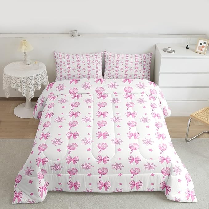 Feelyou Pink Christmas Bedding Set Soft for Boys Girls, Bow Candy Comforter Set Full Size Star Snowflake Duvet Quilt Microfiber Bedroom Decor 3 Pcs with 2 Pillow Cases