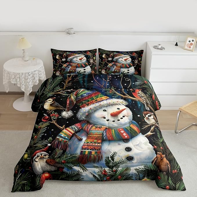 Feelyou Christmas Bedding Set Soft for Boys Girls, Holiday Snowman Birds Comforter Set Queen Size Xmas Owl Branch Berry Duvet Quilt Microfiber Snowflake Bedroom Decor 3 Pcs with 2 Pillow Cases