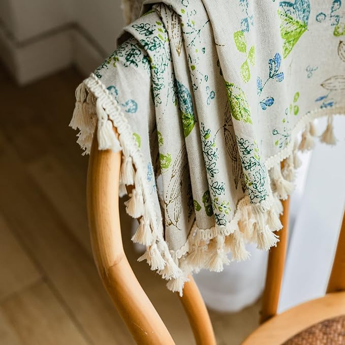 ENJOYBRIDAL Leaf Curtains 96 Inch Length 2 Panels Tassel Boho Semi Sheer Drapes Bedroom Living Room Farmhouse Floral Rustic Country Rod Pocket Cotton Linen Blend Window Curtain Panel