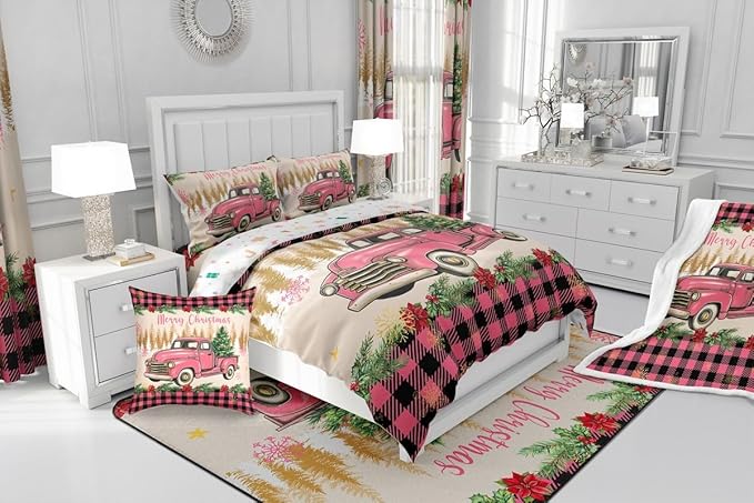 Erosebridal Christmas Comforter Sets Merry Xmas Tree Bedding Sets Full Red Truck Painting Down Comforter,Lattice Decor Bed Set for Kids Boys Girls Teens Bedroom Decor,Reversible