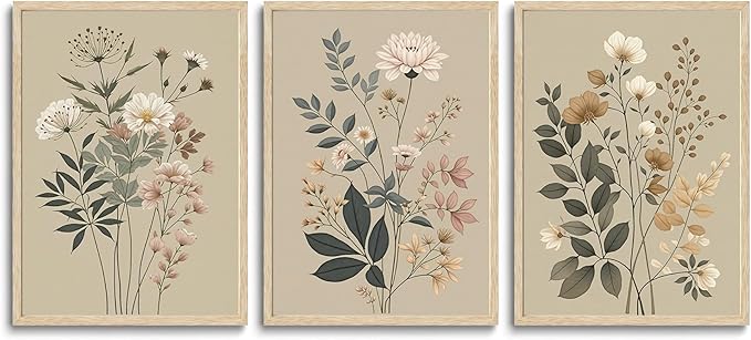 CHMMART 3 Piece Botanical Floral Framed Wall Art Vintage Flower Canvas Art Prints Wildflower Pictures Wall Decor Nature Painting Artwork for Living Room Bedroom Bathroom 16x20in