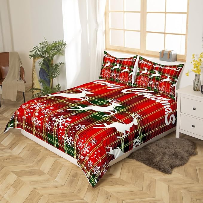 Manfei Christmas Duvet Cover Set King Size, White Deer and Snowflake Print Comforter Cover with 2 Pillowcases, Red Plaid Print Bedding Set 3pcs for Kids Boys Girls Bedroom Decor,No Comforter