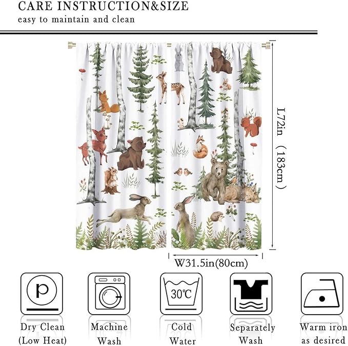 Animal Kids Curtains, Woodland Squirrel Rabbit Bear Animal Friends Forest Curtains for Boys and Girls Bedroom Living Room Kitchen 63x72in
