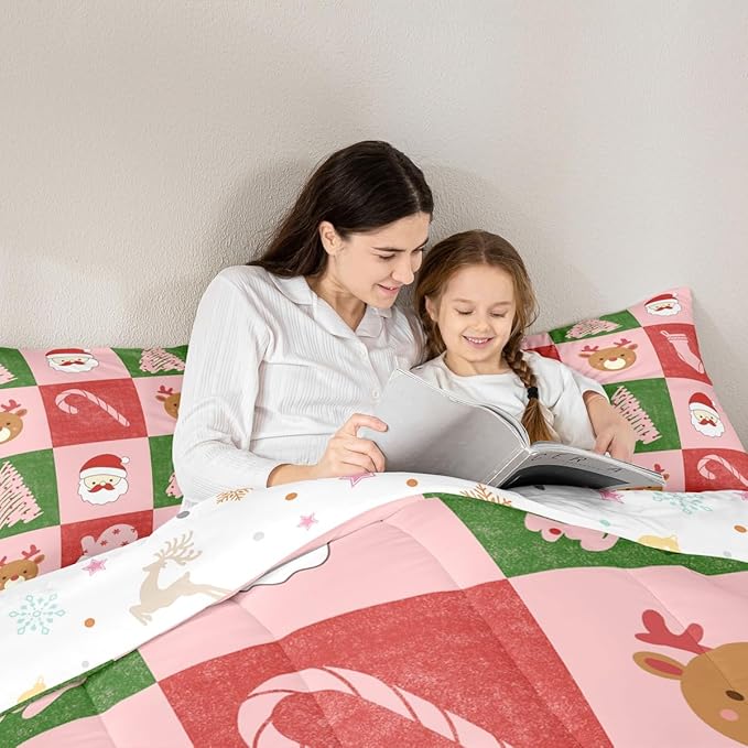 Feelyou Merry Christmas Bedding Set Soft for Boys Girls, Xmas Tree Santa Claus Comforter Set Twin Size Candy Cane Deer Duvet Quilt Microfiber Patchwork Bedroom Decor 2 Pcs with 1 Pillow Cases